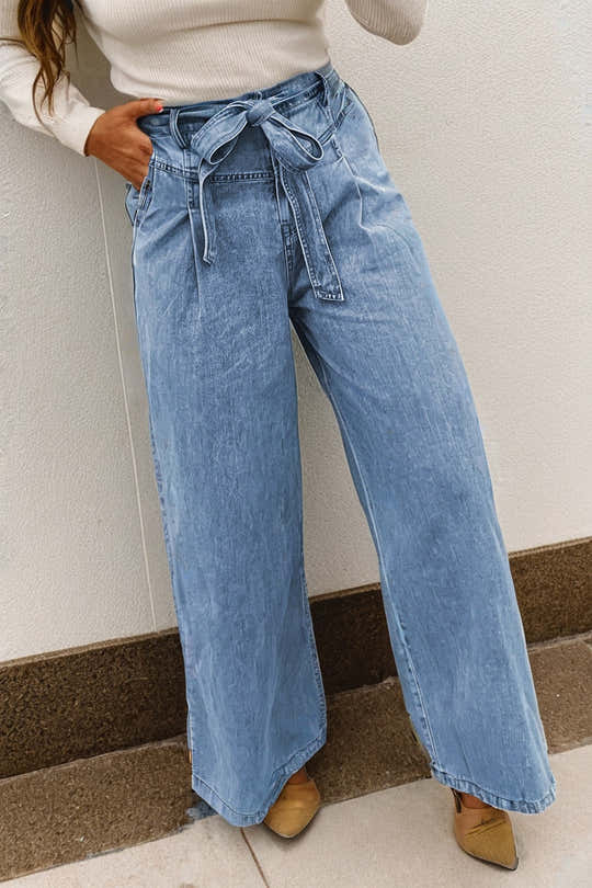 Beau Blue Western Washed Bow Knot Sash Wide Leg Jeans - Damesmode Afbeelding 1