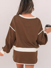 Schwarzer Farbkontrast Locker Pullover und Schnürung Taille Skort Set – Damesmode Afbeelding 5 - Miniatuur