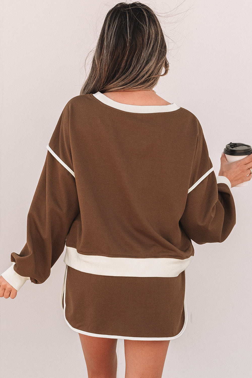 Schwarzer Farbkontrast Locker Pullover und Schnürung Taille Skort Set – Damesmode Afbeelding 5