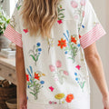 Beige Floral Striped Patchwork Ruffled Collar Short Sleeve Shirt - Damesmode Afbeelding 2 - Foto 2