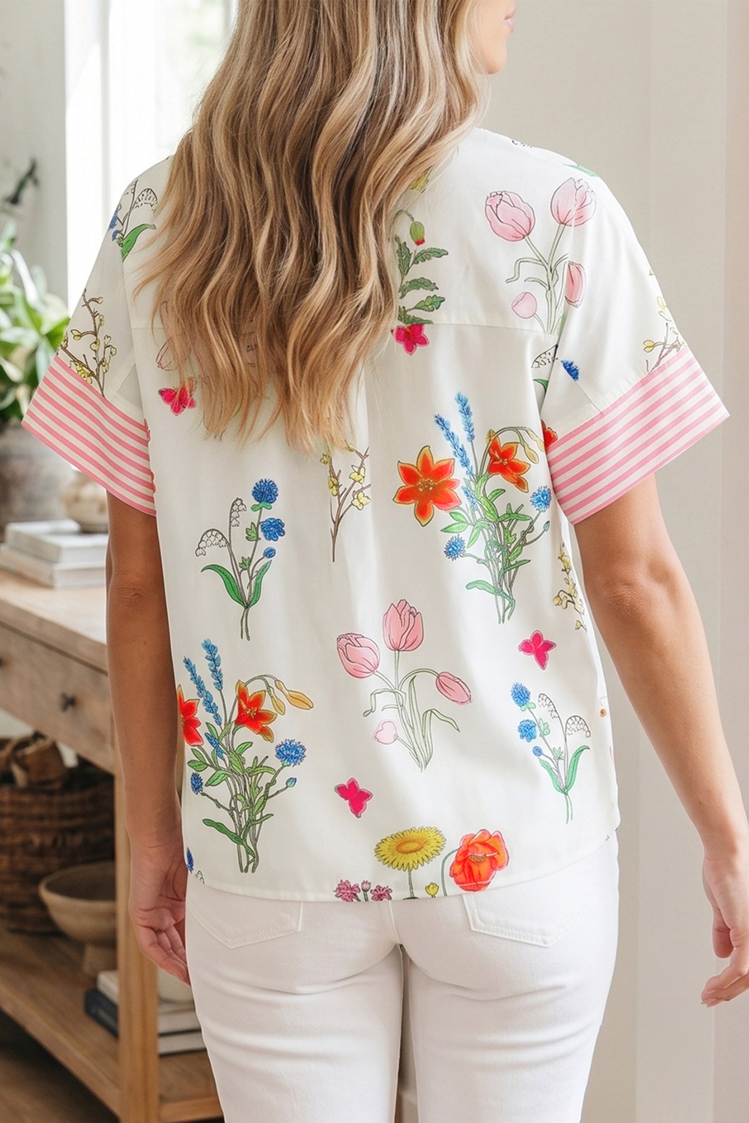 Beige Floral Striped Patchwork Ruffled Collar Short Sleeve Shirt - Damesmode Afbeelding 2