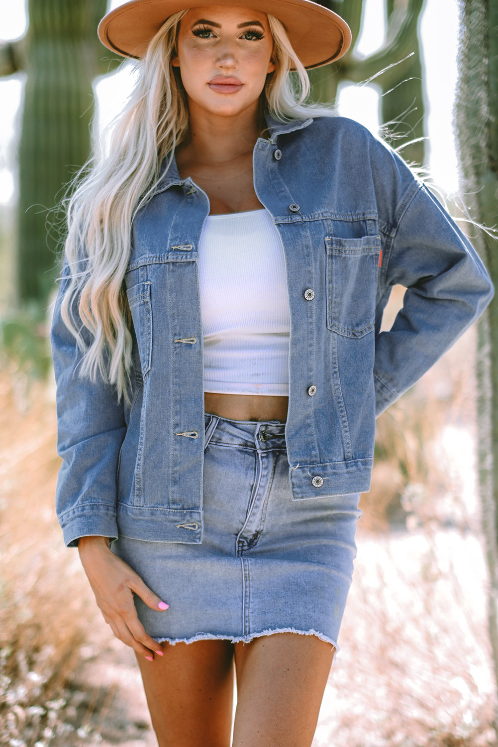 Blue Stripe Washed Oversize Pocketed Denim Jacket - Women's Fashion Image 4