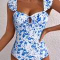 Blue Floral Ruffled Strap Lace-up Hollow Out One Piece Swimsuit - Damesmode Afbeelding 4 - Foto 4