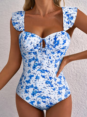 Blue Floral Ruffled Strap Lace-up Hollow Out One Piece Swimsuit - Damesmode Afbeelding 4 - Miniatuur