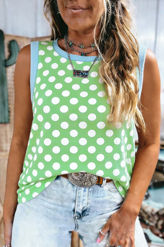 Grünes Polka Dot Contrast Trim Rundhals-Tanktop mit lockerem Tanktop