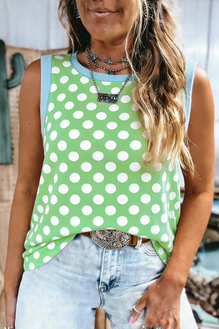 Canottiera a pois verdi a pois con rifinitura a contrasto e collo tondo - Damesmode