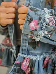 Sky Blue Floral Print Raw Seam Ruffle Hem Denim Jacket - Miniatuur