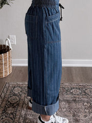 Jeans larghi a righe blu a righe blu con cordino a tasche - Immagine 2 della moda femminile - Miniatuur