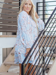 Brown Floral Print Tie Neck 3/4 Sleeve Mini Dress - Damesmode Afbeelding 5 - Miniatuur