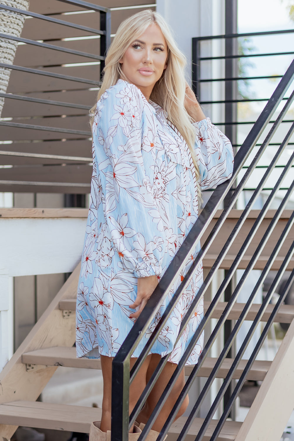 Brown Floral Print Tie Neck 3/4 Sleeve Mini Dress - Damesmode Afbeelding 5