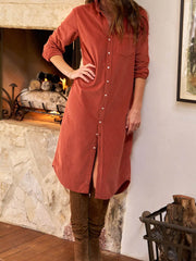 Clay Long Sleeve Button Down Corduroy Midi Length One Piece Dress - Miniatuur