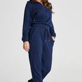 Marineblaues Rippen-Strick-Hoodie-Set mit Kordelzug und Joggerhose mit Kordelzug - Foto 3