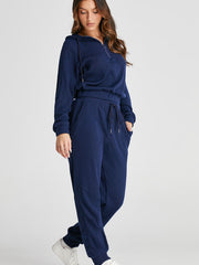 Ensemble de sweat à capuche courte en maille côtelée bleu marine et pantalons de jogging à cordon - Miniatuur