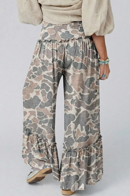 Camo Print Ruffle Hem Wide Leg Pants - Detail