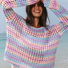 Pull de plage en maille ouverte à rayures violet - Thumbnail