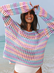 Pull de plage en maille ouverte à rayures violet - Miniatuur