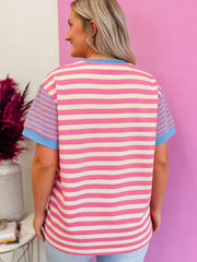 Pink Stripe Contrast Patchwork Short Sleeve Loose Tee - Miniatuur