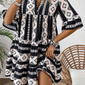 Black Geometric Print V Neck Ruffled Dress - Damesmode Afbeelding 1 - Foto 1