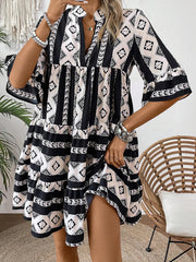 Black Geometric Print V Neck Ruffled Dress - Damesmode Afbeelding 1 - Miniatuur
