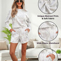 Beige Maple Camo Print Pullover Top and Elastic Waist Casual Short Set - Damesmode Afbeelding 3 - Foto 3