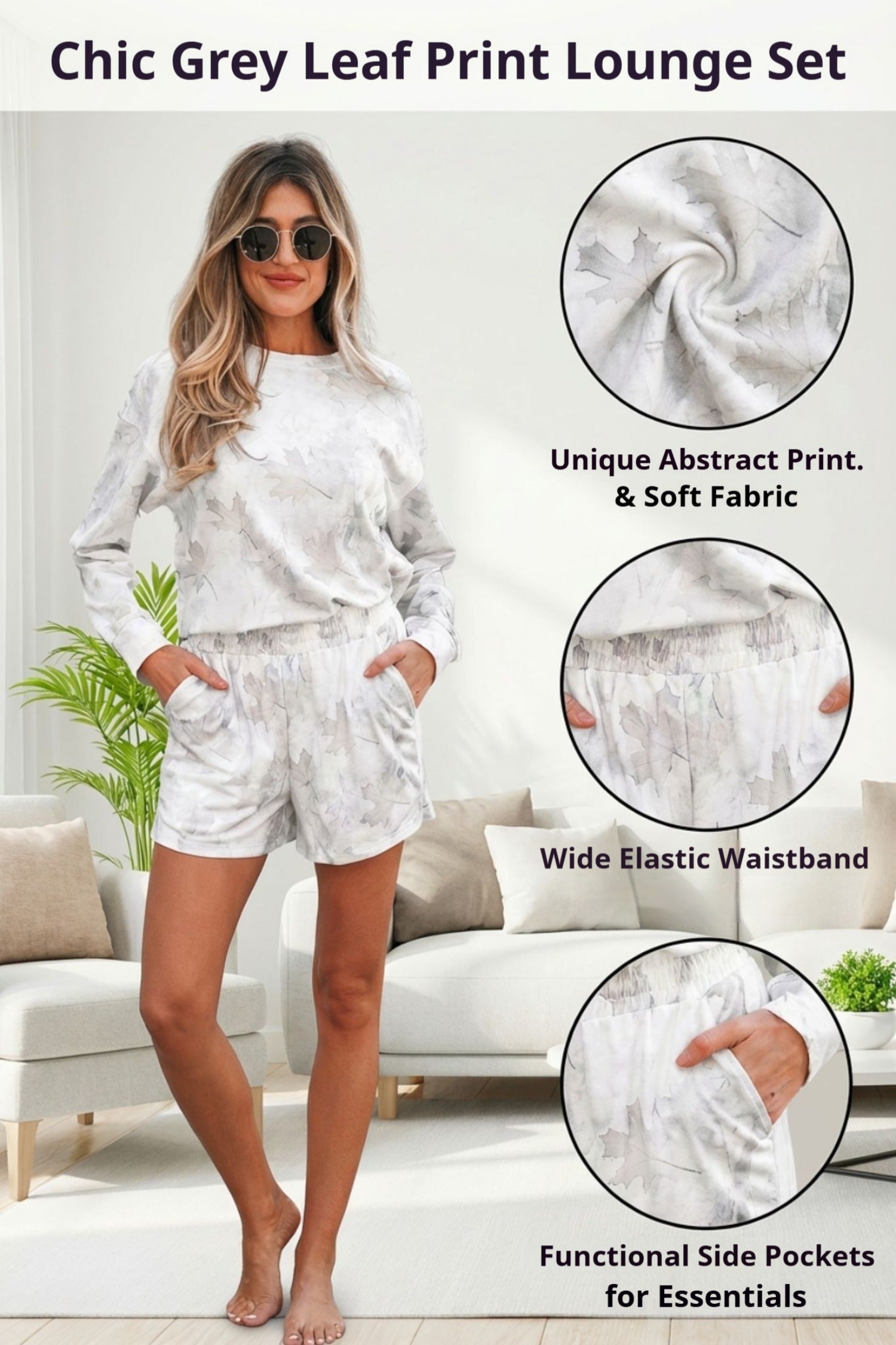 Beige Maple Camo Print Pullover Top and Elastic Waist Casual Short Set - Damesmode Afbeelding 3