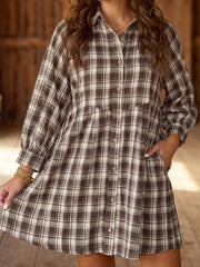 Brown Plaid Long Sleeve Short Shift Mini Dress - Damesmode Afbeelding 1 - Miniatuur