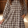Bruin Plaid met Lange Mouwen Short Shift Mini Jurk