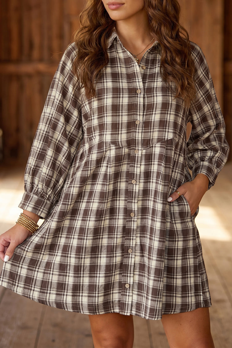 Brown Plaid Long Sleeve Short Shift Mini Dress - Damesmode Afbeelding 1 - Damesmode