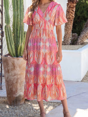 Multicolour Paisley Print V-Neck Short Sleeve Boho Maxi Dress with Ruffle Details - Miniatuur