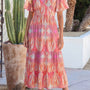 Multicolour Paisley Print V-Neck Short Sleeve Boho Maxi Dress with Ruffle Details