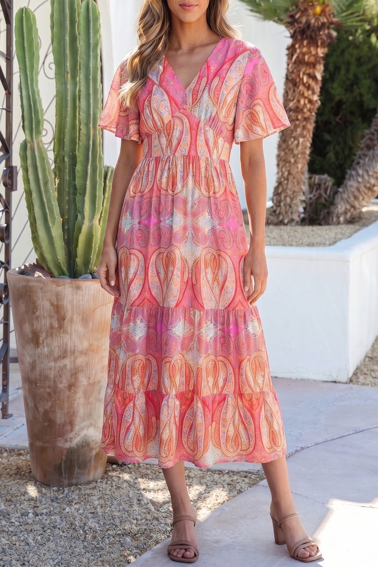 Multicolour Paisley Print V-Neck Short Sleeve Boho Maxi Dress with Ruffle Details - Damesmode