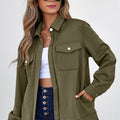 Blackish Green Solid Color Zip Up Button Flap Pocket Shirt Collar Jackets - Damesmode Afbeelding 4 - Foto 4