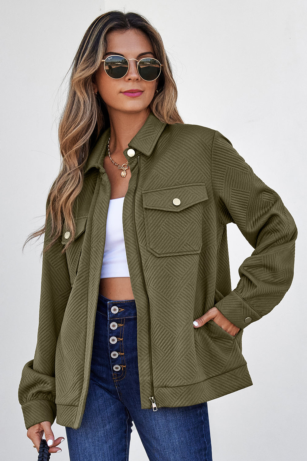 Blackish Green Solid Color Zip Up Button Flap Pocket Shirt Collar Jackets - Damesmode Afbeelding 4