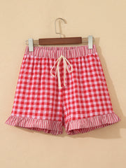Sky Blue Gingham Print Ruffle Striped Detail Lace Tie Shorts - Miniatuur