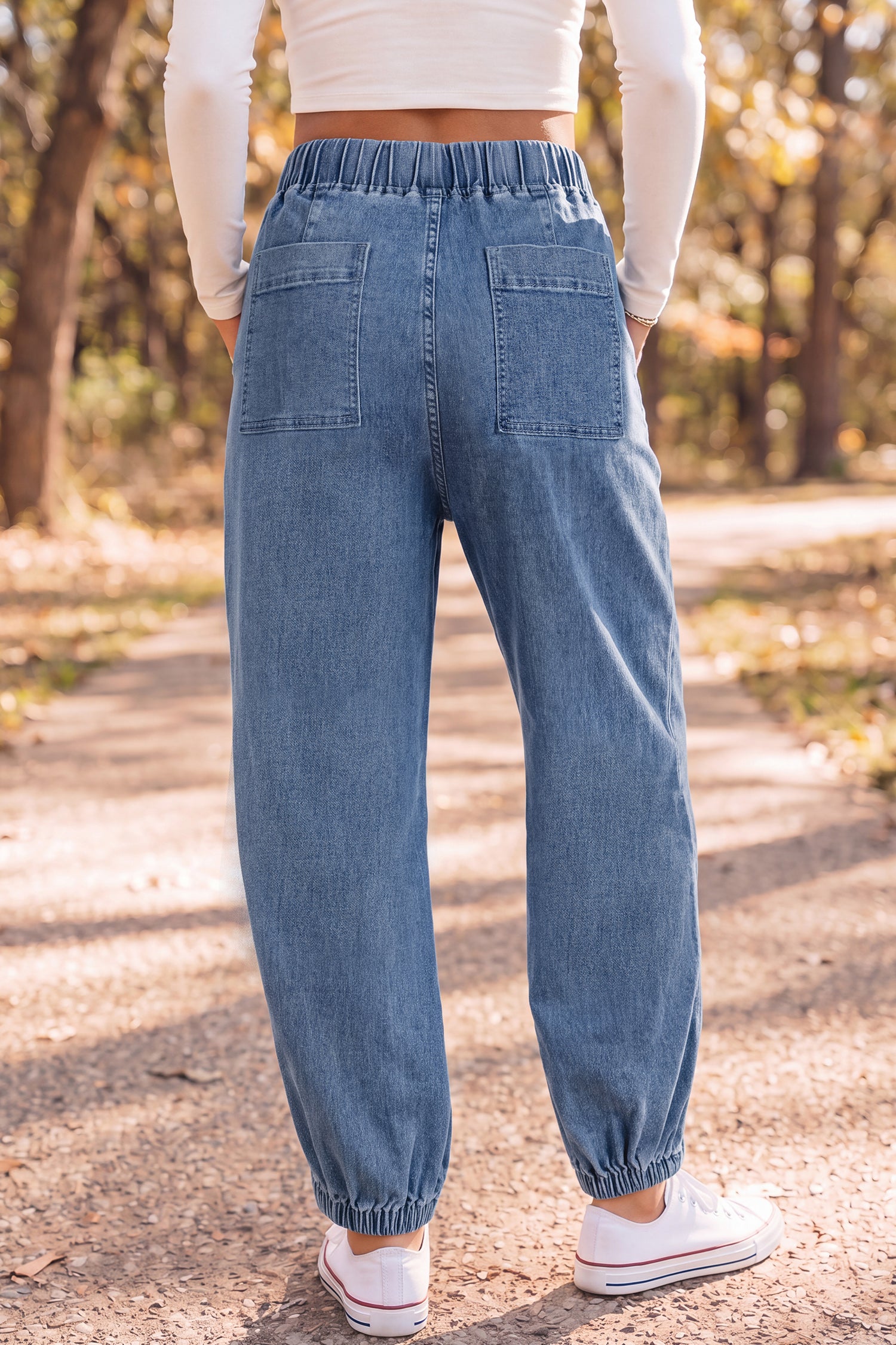 Jeans harem taille élastique bleu crépuscule longueur cheville