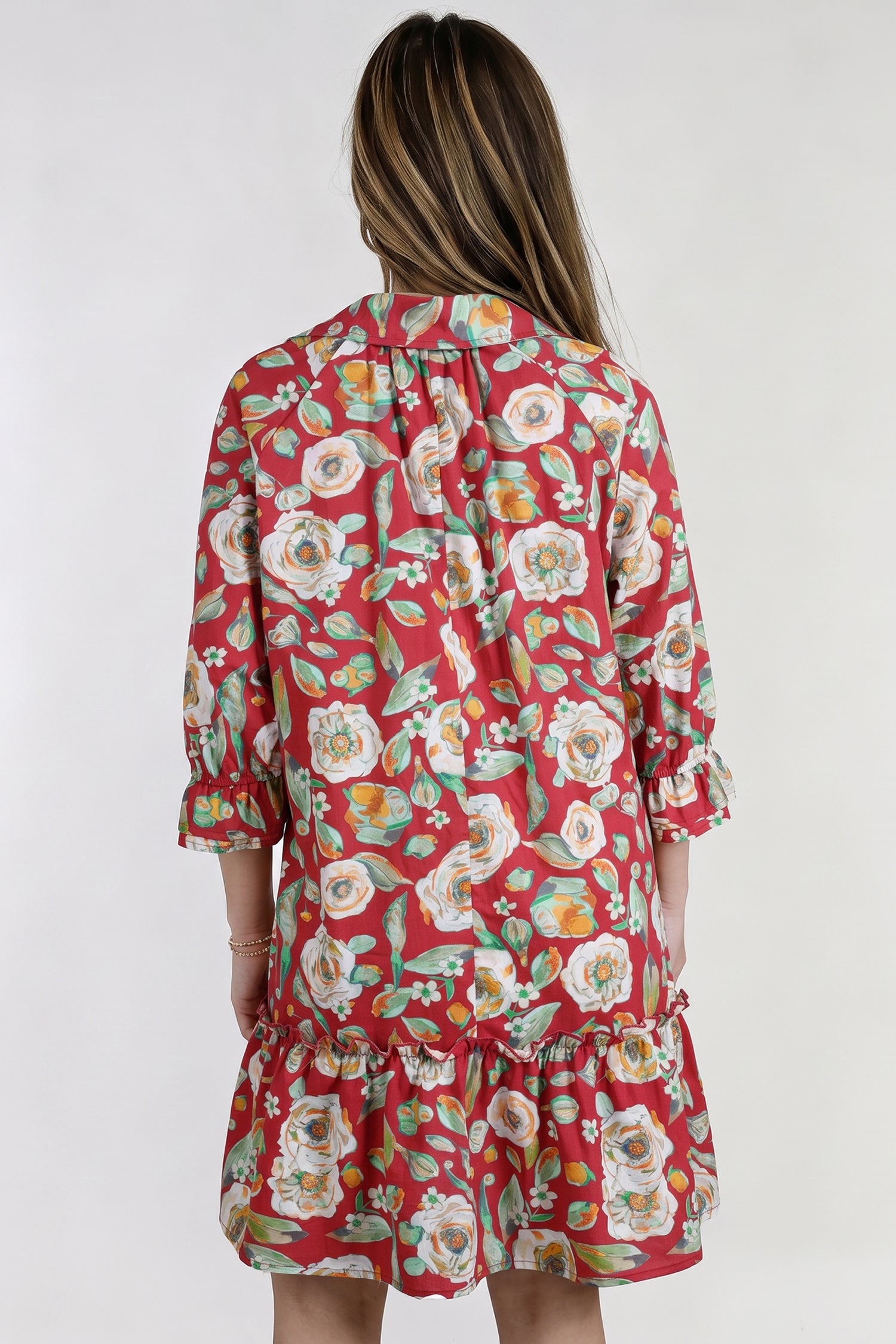 Robe courte à manches courtes à motifs floraux rouges