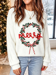 White Christmas Wreath Pattern Round Neck Casual Sweater - Miniatuur