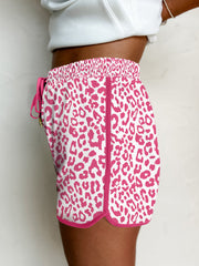 Pink Leopard Elastic Waistband Lace up Contrast Trim Casual Shorts - Miniatuur