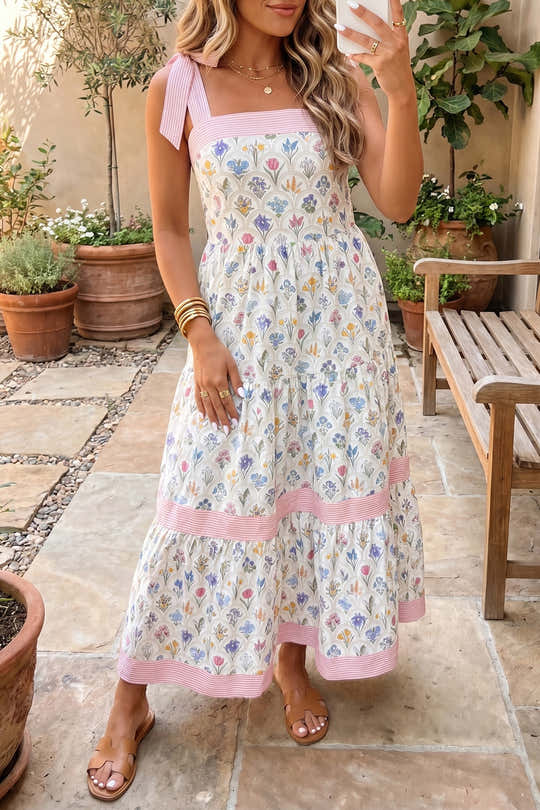 Maxikleid mit mehrfarbigem Blumenmuster und gestreiftem Knotenträger