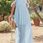 Himmelblaues, schulterloses, gerafftes, transparentes Maxikleid mit transparentem Schlitz