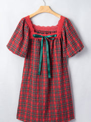 Mini vestito a maniche corte Shift a maniche corte con colletto quadrato e colletto a quadri rossi - Miniatuur