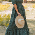 Green Plaid Square Neck Shirred High Waist Ruffle Hem Dress - Foto 3