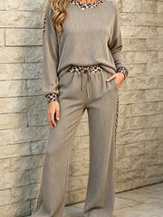 Simply Taupe Cozy Ribbed Patchwork Leopard Trim Long Sleeve 2pcs Pant Set - Miniatuur
