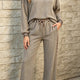 Simply Taupe Cozy Ribed Patchwork Luipaardprint Trim met Lange Mouwen 2 Teile Hosenset