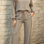 Simply Taupe Cozy Ribbed Patchwork Leopard Trim Long Sleeve 2pcs Pant Set