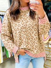 Khaki Leopard Polka Dot Farbblock-Trim Langarm-Oberteil - Miniatuur