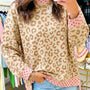 Khaki Leopard Polka Dot Farbblock-Trim Langarm-Oberteil
