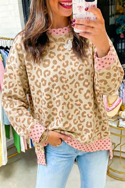 Khaki Leopard Polka Dot Farbblock-Trim Langarm-Oberteil