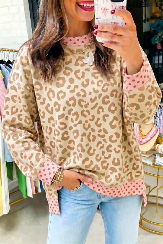 Khaki Leopard Polka Dot Farbblock-Trim Langarm-Oberteil