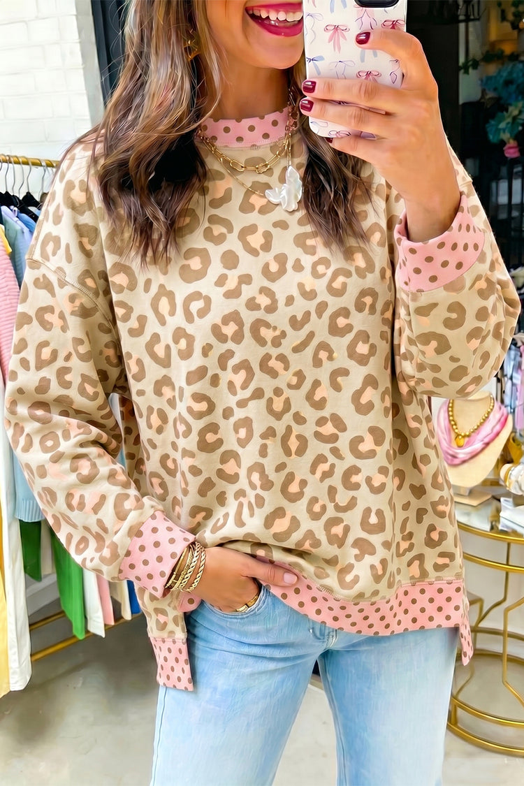 Khaki Leopard Polka Dot Colorblock Trim Long Sleeve Top - Damesmode